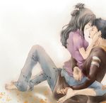  1boy 1girl black_hair couple eyes_closed facial_hair glasses glasses_on_head hand_on_another&#039;s_face hand_on_another&#039;s_head hand_on_another's_face hand_on_another's_head hetero hug long_hair one_piece simple_background sitting sitting_on_person sorayutaka straddling tashigi trafalgar_law upright_straddle white_background 