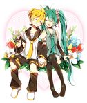  1girl bad_id bad_pixiv_id blonde_hair boots closed_eyes detached_sleeves flower fuuko_(2679566944) green_hair grin hair_flower hair_ornament hatsune_miku holding_hands kagamine_len leg_warmers long_hair necktie shorts sitting skirt smile thigh_boots thighhighs twintails very_long_hair vocaloid 