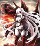  aircraft_carrier_hime armor armored_boots bare_shoulders black_dress blush boots breast_hold breasts cleavage dress gauntlets huge_breasts kantai_collection long_hair looking_at_viewer machinery navel no_bra no_panties one_side_up pale_skin sailor_collar shinkaisei-kan smile solo sumapan torn_clothes very_long_hair white_hair white_skin 