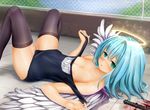  blood bokusatsu_tenshi_dokuro-chan deviantart_sample halo image_sample light_blue_hair mitsukai_dokuro mutsutake pitui1996 pool swimsuit thighhighs weapon wet wings 