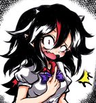  1girl black_hair bow dress fang horns kijin_seija looking_at_viewer multicolored_hair open_mouth pointing pointing_at_self red_eyes red_hair short_hair solo streaked_hair touhou white_hair ziogon 
