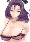  bra breasts cleavage highres huge_breasts kantai_collection light_smile looking_at_viewer mechanical_halo purple_eyes purple_hair sankakusui shiny shiny_skin short_hair simple_background solo tatsuta_(kantai_collection) underwear white_background 