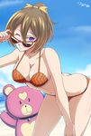  adjusting_eyewear aoki_hagane_no_arpeggio bikini brown_eyes grin h-new kirishima_(aoki_hagane_no_arpeggio) looking_over_eyewear purple_eyes red-framed_eyewear short_hair smile stuffed_animal stuffed_toy sunglasses swimsuit teddy_bear yotarou_(aoki_hagane_no_arpeggio) 