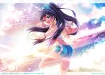  2014 :d animal ass barefoot beach black_hair bloom blue_eyes bracelet character_name crop_top dated fang from_behind ganaha_hibiki hair_ribbon hamster hamuzou happy_birthday idolmaster idolmaster_(classic) ima_(lm_ew) jewelry lens_flare long_hair looking_at_viewer looking_back midriff ocean open_mouth ponytail ribbon shorts sky smile soles solo standing standing_on_one_leg v water 