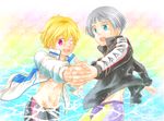  blonde_hair blue_eyes blush free! grey_hair hazuki_nagisa holding_hands jacket male_focus mole mole_under_eye multiple_boys navel nitori_aiichirou one_eye_closed open_mouth rainbow_background red_eyes smile sweat wading water 