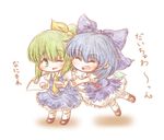  blue_hair bow chibi cirno closed_eyes colored_pencil_(medium) daiyousei dress green_eyes green_hair hair_bow hair_ribbon ice ice_wings multiple_girls necktie one_eye_closed open_mouth ribbon short_hair side_ponytail simple_background smile touhou traditional_media white_background wings ziogon 