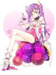  aisha_(elsword) alternate_hair_length alternate_hairstyle armband bare_legs crossed_legs detached_collar dimension_witch_(elsword) elsword flask full_body gloves hair_ornament hairclip long_hair meow purple purple_eyes purple_hair shoes shorts shorts_under_skirt sitting skirt smile solo twintails 