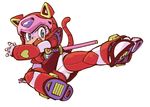  android animal_ears animal_helmet armor blue_eyes cat_ears cat_tail fang flying_kick heart kicking kyatto_ninden_teyandee mecha_musume pururun ramb_chop robot_joints short_sword solo sword tail weapon 