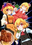  ^_^ aki_minoriko aki_shizuha asparagus barefoot blonde_hair broccoli closed_eyes dress fang_out food fruit grapes hair_ornament hat jacket leaf_hair_ornament lemon lemon_slice mouth_hold multiple_girls peeler red_eyes rumia shirt short_hair skirt touhou waribashi-p 