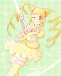  arakawa_tarou blonde_hair blush cure_lemonade drill_hair eyelashes green_background happy highres kasugano_urara_(yes!_precure_5) long_hair looking_at_viewer magical_girl one_eye_closed precure shirt skirt smile solo standing twintails v vest yellow_eyes yellow_legwear yellow_skirt yes!_precure_5 yes!_precure_5_gogo! 