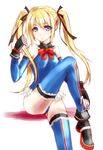  ankle_boots aoirotoiki bad_id bad_pixiv_id bare_shoulders black_ribbon blonde_hair blue_eyes blue_legwear blue_leotard blush boots bow crossed_legs dead_or_alive dead_or_alive_5 frills gloves hair_ribbon leg_up leotard long_hair marie_rose red_bow ribbon simple_background sitting smile solo thighhighs twintails very_long_hair white_background 