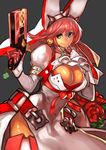  blue_eyes boots breasts cleavage cleavage_cutout clover earrings elphelt_valentine flower four-leaf_clover guilty_gear guilty_gear_xrd gun hand_to_own_mouth handgun hat jewelry large_breasts long_sleeves pink_hair pinky_out puffy_long_sleeves puffy_sleeves rose short_hair side_slit smile solo spikes thigh_boots thighhighs unizama weapon 