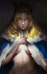  ahoge artoria_pendragon_(all) blonde_hair blue_cape breasts cape caviar_(lunar_sama) crown fate/stay_night fate_(series) highres long_hair medium_breasts naked_cape nude saber solo underboob yellow_eyes 