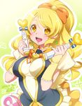  1girl blonde_hair blush breasts cure_honey earrings eyelashes hair_ornament hair_ribbon happinesscharge_precure! happy jewelry large_breasts long_hair looking_at_viewer magical_girl oomori_yuuko open_mouth ponytail precure puffy_sleeves ribbon shirt skirt smile solo vest wrist_cuffs yellow_eyes yellow_skirt 