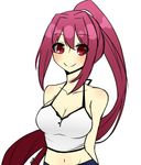  arms_behind_back bad_id bad_tumblr_id bare_shoulders blush breasts camisole cleavage hair_ribbon large_breasts long_hair midriff mieru_(sugarsweet) navel ponytail purple_hair red_eyes ribbon smile solo spaghetti_strap under_night_in-birth yuzuriha_(under_night_in-birth) 