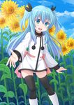  aqua_eyes black_legwear blue_hair blush boots bow cloud day dress flower hair_ribbon highres kazenokaze long_hair long_sleeves looking_at_viewer noel_(sora_no_method) open_mouth outstretched_hand ribbon sky solo sora_no_method standing sunflower thighhighs two_side_up white_dress zettai_ryouiki 