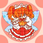  ascot blue_eyes blush_stickers bow chibi dress fang hair_bow hand_on_hip one_eye_closed open_mouth orange_hair ribbon short_hair smile solo sunny_milk touhou twintails wings ziogon 