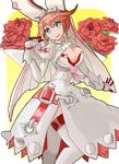  bangs blue_eyes breasts cleavage cleavage_cutout dress earrings elphelt_valentine flower gloves guilty_gear guilty_gear_xrd hairband hat highres hota_(oznomahoutukai) jewelry large_breasts pink_hair puffy_sleeves rose short_hair side_slit solo spikes thighhighs veil white_legwear 