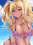  :o bare_shoulders bikini blonde_hair blue_eyes blush breasts cleavage cloud dark_skin day earrings gyaru hair_bobbles hair_ornament huge_breasts jewelry long_hair looking_at_viewer megane_man necklace ocean original outdoors pink_bikini shiny shiny_skin side-tie_bikini skindentation solo swimsuit tan twintails 