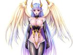  :d areola_slip areolae blue_hair breasts choker cleavage cowboy_shot earrings feathered_wings gloves horns jewelry large_breasts long_hair monster_girl multicolored_hair navel nipple_slip nipples open_mouth pointy_ears red_eyes smile solo transparent_background very_long_hair wings zundarepon 