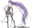  absurdly_long_hair bare_shoulders boots chain collar contrapposto fate/stay_night fate_(series) full_body high_heel_boots high_heels highres kizuki_aruchu long_hair looking_back mask mask_over_one_eye nameless_dagger purple_hair rider solo spike standing thigh_boots thighhighs very_long_hair weapon yellow_eyes zettai_ryouiki 