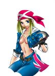  axl_low bandana belt blonde_hair blue_eyes breasts cropped_jacket cropped_legs fingerless_gloves futt genderswap gloves guilty_gear jacket kama_(weapon) long_hair navel no_bra open_clothes open_fly open_jacket sickle slender_waist small_breasts solo union_jack unzipped 