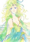  agahari armlet beads blue_eyes breasts cape circlet cleavage colored_eyelashes detached_sleeves final_fantasy final_fantasy_iv green_cape green_hair hair_ornament highres jewelry long_hair looking_at_viewer medium_breasts older rydia simple_background sleeveless smile solo star star_hair_ornament star_print traditional_media upper_body white_background 