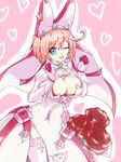  ;) ahoge blue_eyes blush breasts cleavage cleavage_cutout clover dress elphelt_valentine flower four-leaf_clover gasmotin_roby gloves guilty_gear guilty_gear_xrd hat heart heart_background huge_ahoge large_breasts one_eye_closed pink_hair puffy_sleeves rose short_hair side_slit smile solo spikes thighhighs veil 