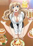  1girl barefoot breasts cake earrings food ikkitousen jewelry large_breasts long_hair looking_at_viewer official_art sitting skirt smile solo sonken_chuubou 