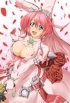 ahoge blue_eyes breasts bustier cleavage cleavage_cutout clover cocoa_(cocoa0191) dress elphelt_valentine four-leaf_clover guilty_gear guilty_gear_xrd gun handgun hat huge_ahoge large_breasts petals pink_dress pink_hair short_hair smile solo veil weapon 