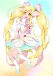  1girl 2014 blonde_hair blush boots bow choker cure_echo dated dress hair_ornament hair_ribbon happy long_hair looking_at_viewer magical_girl pink_bow precure precure_all_stars_new_stage:_mirai_no_tomodachi ribbon sakagami_ayumi signature smile solo twintails very_long_hair white_choker white_footwear yellow_eyes 