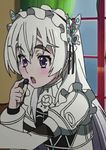  animated animated_gif chaika_trabant dress eating eyebrows food fruit hair_ribbon hitsugi_no_chaika long_hair purple_eyes ribbon white_dress white_hair 