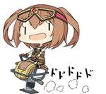  :d amakara_surume armlet bare_shoulders blush brown_hair chibi gloves goggles goggles_on_head jewelry long_hair necklace ole_tower open_mouth overalls rammer_(ole_tower) riding simple_background smile solo twintails white_background |_| 