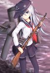  akabane_hibame arisaka blue_eyes bolt_action gun hat hibiki_(kantai_collection) kantai_collection long_hair machinery neckerchief pantyhose rifle school_uniform serafuku silver_hair skirt smile solo water weapon 