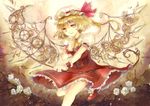  alternate_wings ascot bad_id bad_pixiv_id blonde_hair bow color_ink_(medium) dress flandre_scarlet flower hat hat_bow keiko_(mitakarawa) laevatein mob_cap paint_(medium) puffy_short_sleeves puffy_sleeves red_dress red_eyes rose shirt short_sleeves side_ponytail solo touhou white_flower white_rose wings wrist_cuffs 