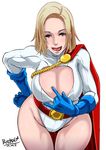  belt blonde_hair blue_eyes blue_gloves breasts butcha-u cape cleavage cleavage_cutout cleavage_reach dc_comics downblouse gloves hand_on_hip large_breasts leaning_forward leotard licking_lips lips naughty_face power_girl ribbed_leotard short_hair solo superhero thigh_gap thong_leotard tongue tongue_out 