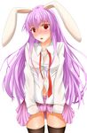  animal_ears black_legwear blush breasts bunny_ears cleavage collarbone highres lavender_hair long_hair looking_at_viewer medium_breasts midriff navel open_clothes open_mouth open_shirt red_eyes reisen_udongein_inaba shirt simple_background skirt solo thighhighs totororo touhou white_background zettai_ryouiki 