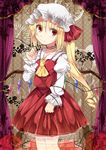  ascot bad_id bad_pixiv_id blonde_hair clock curtains dress entangled flandre_scarlet flower hat hat_ribbon juliet_sleeves long_hair long_sleeves mob_cap plant puffy_sleeves red_dress red_eyes red_flower red_rose ribbon rose shikitani_asuka side_ponytail solo thorns touhou very_long_hair vines wings 