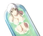  amagi_brilliant_park bathing bathtub breasts brown_eyes brown_hair cleavage large_breasts looking_at_viewer nude official_art open_mouth sento_isuzu simple_background solo towel towel_on_head water wet white_background yellow_eyes 