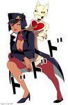  bad_id bad_tumblr_id black_hair blue_eyes bob_cut breasts chain cleavage cosplay d-ryuu dark_skin eliza_(skullgirls) hat heart high_collar high_heels jacket jojo_no_kimyou_na_bouken kuujou_joutarou kuujou_joutarou_(cosplay) large_breasts leaning_forward lips looking_at_viewer no_bra peaked_cap sekhmet_(skullgirls) skullgirls solo watermark web_address 