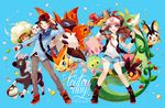  1girl adjusting_clothes adjusting_hat archen baseball_cap blitzle blue_eyes brown_eyes brown_hair denim denim_shorts emolga gen_5_pokemon hat legendary_pokemon munna oshawott poke_ball pokemon pokemon_(creature) pokemon_(game) pokemon_bw serperior shorts solosis tepig touko_(pokemon) touya_(pokemon) victini volcarona welchino whimsicott 