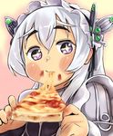  1girl blush butterfly_hair_ornament chaika_trabant cheese_trail dress eating eyebrows food frills gigokku hair_ornament hairband highres hitsugi_no_chaika holding_pizza lolita_hairband long_hair looking_at_viewer messy pizza purple_eyes silver_hair solo thick_eyebrows 