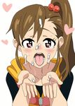  1girl animated animated_gif blush brown_hair cum cum_on_hair futami_mami heart heart-shaped_pupils hearts idolmaster jacket kagemusha ponytail reaching_out symbol-shaped_pupils 