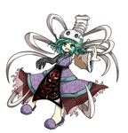  androgynous anmita_(rarutos) bone detached_sleeves ex-sese green_eyes green_hair hair_ornament japanese_clothes kitsugai_sese len'en open_mouth outstretched_arms short_hair skull_hair_ornament slippers smile solo 