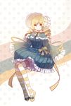  blonde_hair bonnet bow breasts candeloro candeloro_(cosplay) capelet cosplay cuivre dress drill_hair gothic_lolita large_breasts lolita_fashion mahou_shoujo_madoka_magica ribbon sleeves_past_wrists solo striped striped_legwear thighhighs tomoe_mami yellow_eyes 