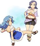  bike_shorts blue_hair breasts bustier capelet cleavage dress final_fantasy final_fantasy_crystal_chronicles fingerless_gloves gloves green_eyes hand_on_hip large_breasts long_hair midriff multiple_girls purple_hair sandals selkie shorts shorts_under_skirt smile toes tsukudani_(coke-buta) wristband 