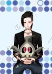  1boy ? black_hair black_sclera blush_stickers chair crossover duskull earrings hands_together heart highres holding interlocked_fingers jewelry lip_piercing long_hair necklace open_mouth piercing pokemon ponytail red_eyes sitting tattoo tokyo_ghoul uta_(tokyo_ghoul) 