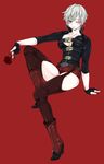  1girl belt blue_eyes boots breasts capcom cleavage dante devil_may_cry dishing flower full_body genderswap gloves high_heel_boots high_heels large_breasts rose short_hair shorts thighhighs white_hair wink 