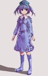  absurdres backpack bag blue_eyes blue_hair boots dress full_body grey_background hair_bobbles hair_ornament hat highres kawashiro_nitori key long_sleeves pocket riro_(breakthrough_rr) rubber_boots short_hair simple_background skirt skirt_set solo touhou two_side_up 