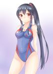  arms_behind_back bangs bare_arms bare_shoulders black_hair blush breasts brown_eyes collarbone competition_swimsuit cowboy_shot doyachii eyebrows_visible_through_hair frown gradient gradient_background highres kantai_collection long_hair looking_at_viewer medium_breasts one-piece_swimsuit ponytail purple_background simple_background solo swimsuit very_long_hair yahagi_(kantai_collection) 